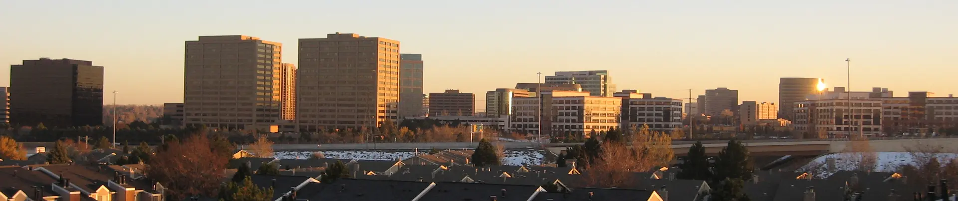 Denver Tech Center skyline panorama at sunset