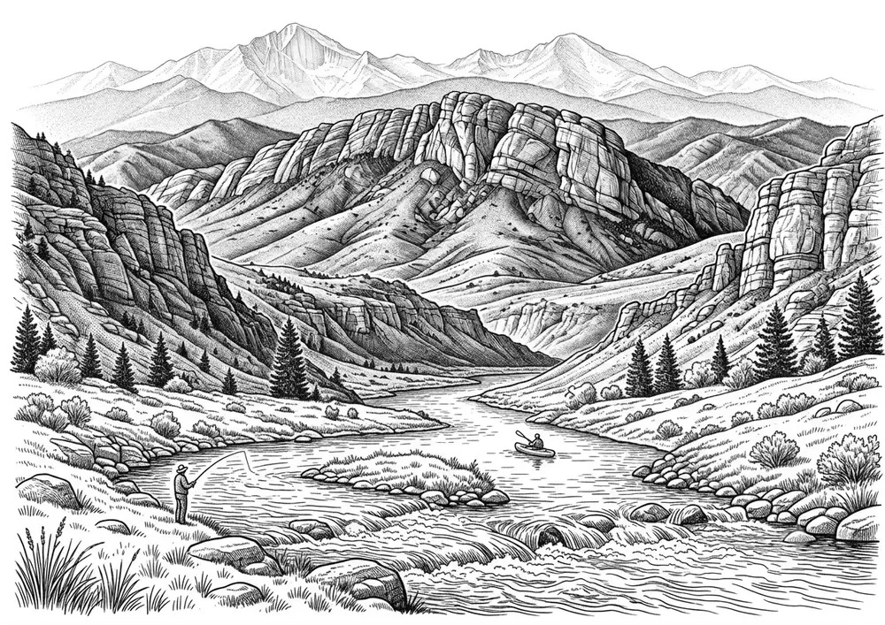 Illustration of the Cache la Poudre River canyon near Fort Collins, with a fly fisherman and kayaker