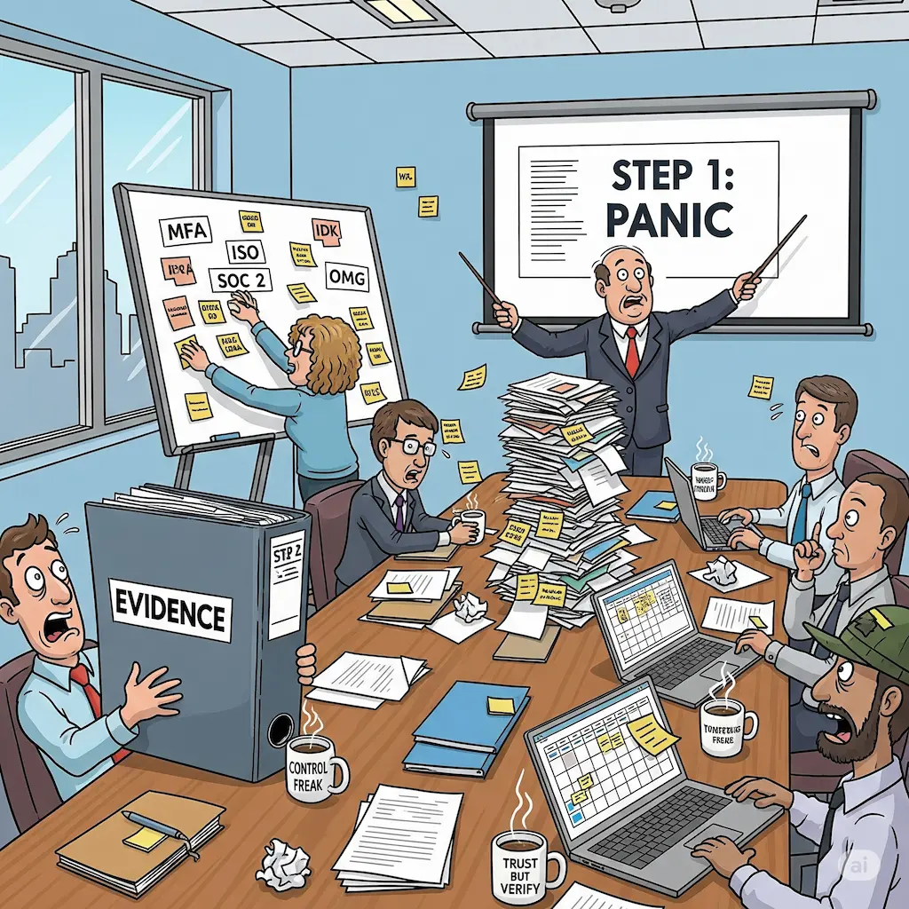 Dont panic; Image of everyone in the board room completely panicing