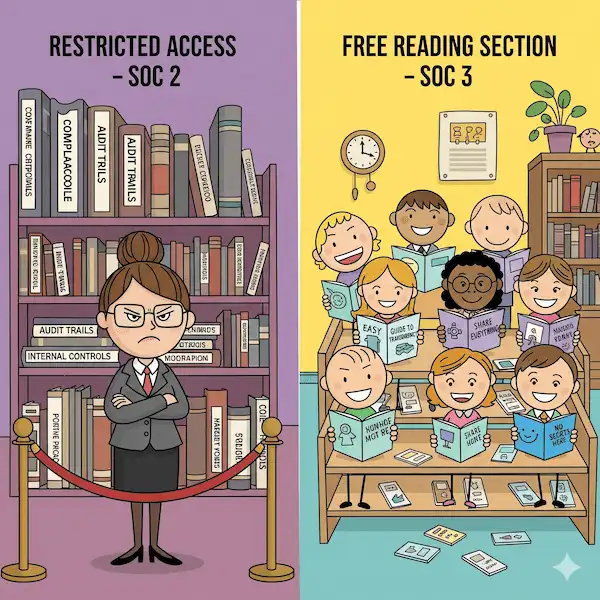 A humorous cartoon illustration showing a library divided into two sections. On the left, a stern librarian guards a roped-off area labeled "Restricted Access – SOC 2," filled with large, serious books. On the right, smiling stick-figure people happily read simple pamphlets in the "Free Reading Section – SOC 3," symbolizing public transparency.