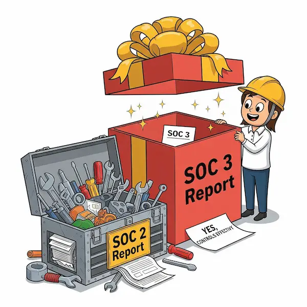 Humorous cartoon comparing SOC 3 and SOC 2 reports, with a character finding an empty "SOC 3 Report" gift box and a detailed "SOC 2 Report" toolbox.