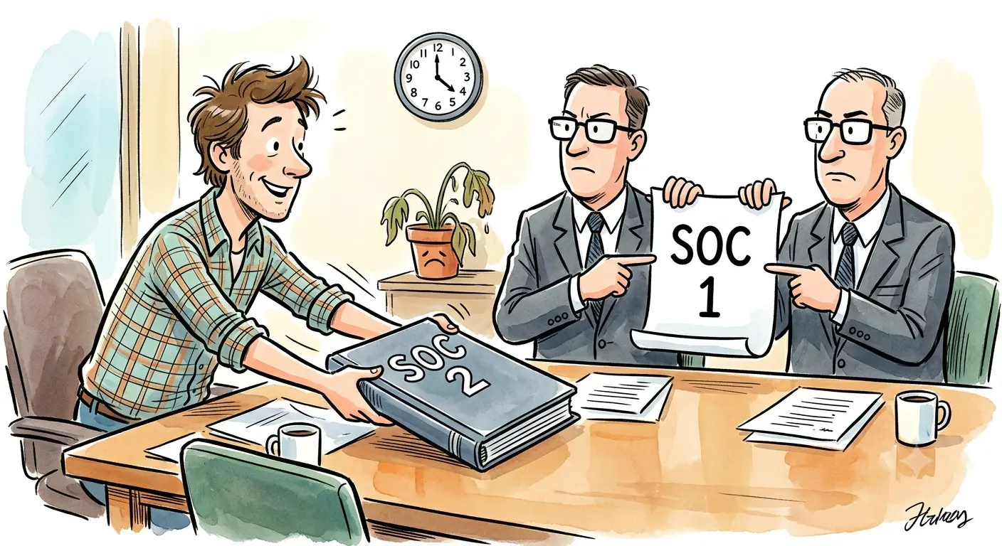 Cartoon of a founder cheerfully handing two stern auditors a thick SOC 2 binder while the auditors point at a sheet reading SOC 1