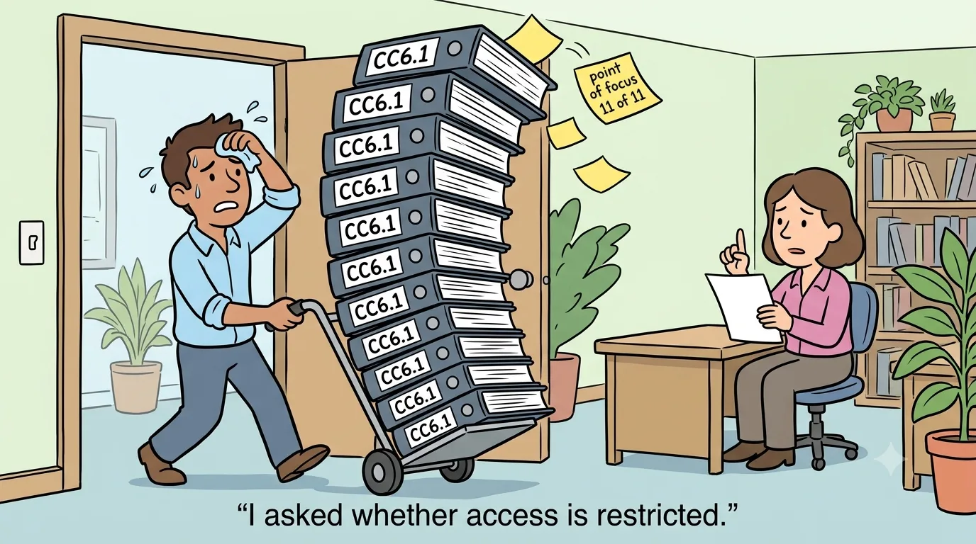 A control owner wheels in a hand truck stacked with eleven identical binders labeled CC6.1 while a seated auditor holds up a single finger.