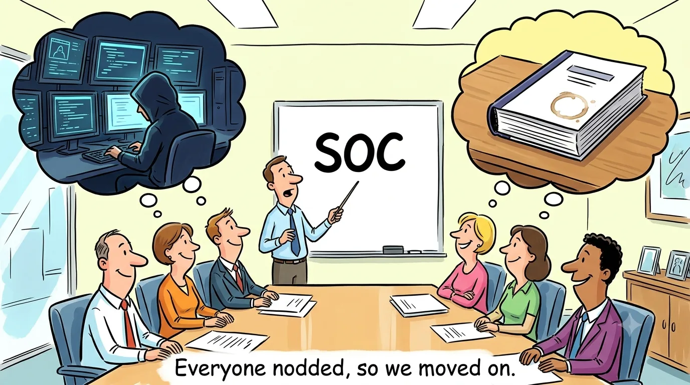 One person says SOC at a whiteboard while two thought bubbles go different directions, one showing a wall of security monitors and the other a bound audit report.