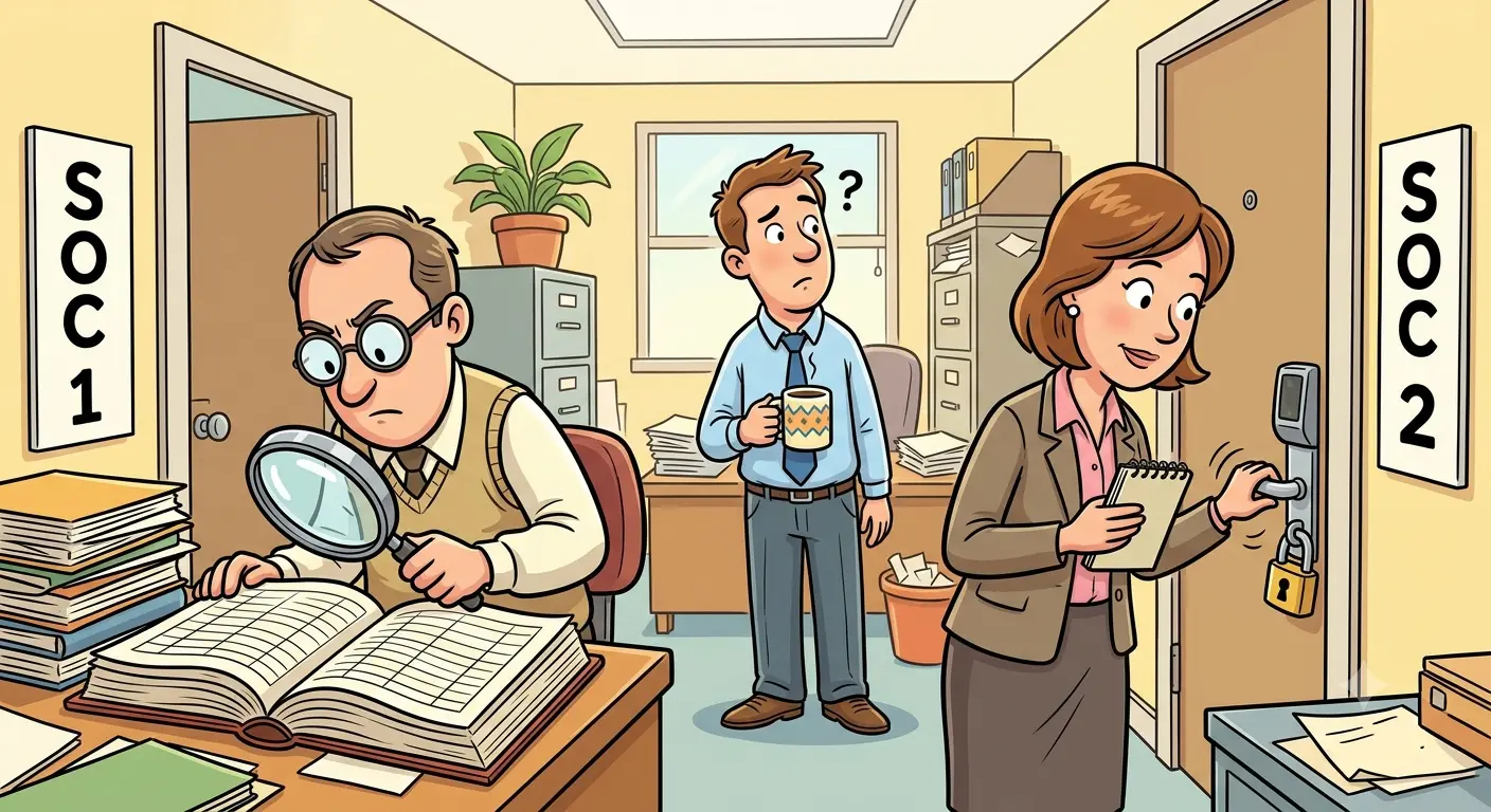 Cartoon office split between a SOC 1 door, where an auditor examines a ledger with a magnifying glass, and a SOC 2 door, where a security reviewer checks a badge reader and padlock, with a confused employee in the middle