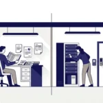Split illustration comparing SOC 1 and SOC 2: an accountant reviews financial reports at a desk on one side while a reviewer checks a locked server rack and badge reader on the other