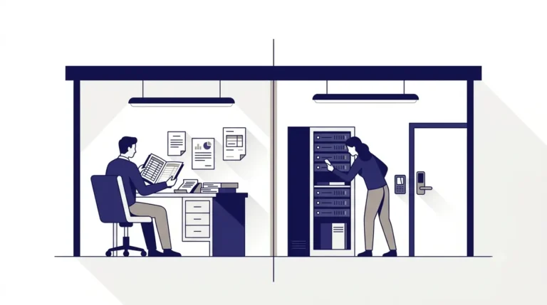 Split illustration comparing SOC 1 and SOC 2: an accountant reviews financial reports at a desk on one side while a reviewer checks a locked server rack and badge reader on the other