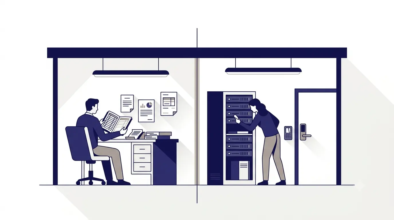 Split illustration comparing SOC 1 and SOC 2: an accountant reviews financial reports at a desk on one side while a reviewer checks a locked server rack and badge reader on the other