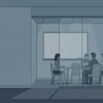 A muted flat illustration of an open office with a glass walled meeting room, a blank whiteboard, shelves of plain binders, and a server rack.