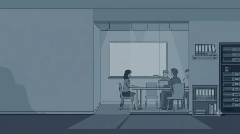 A muted flat illustration of an open office with a glass walled meeting room, a blank whiteboard, shelves of plain binders, and a server rack.
